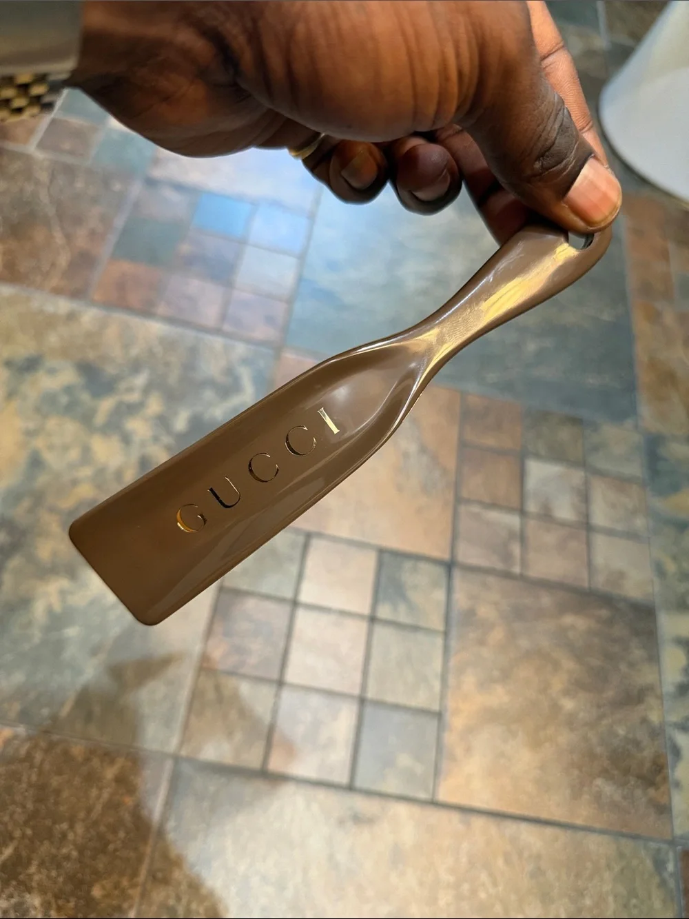 Gucci Brown Shoe Horn with Gold GUCCI Lettering